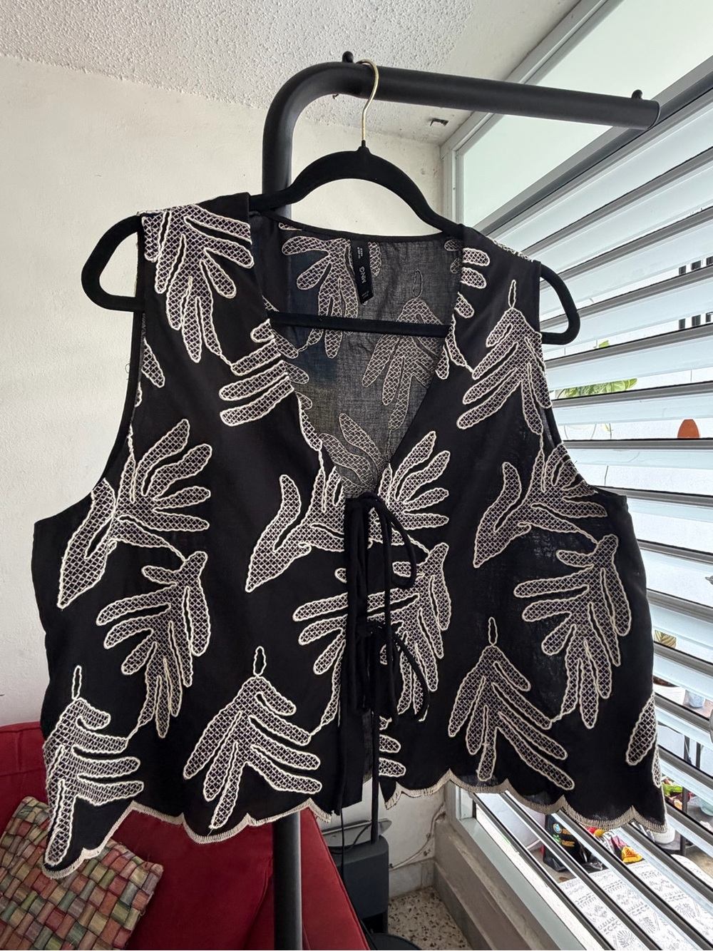 Mango Black Sleeveless Tie-Front Embroidered Top